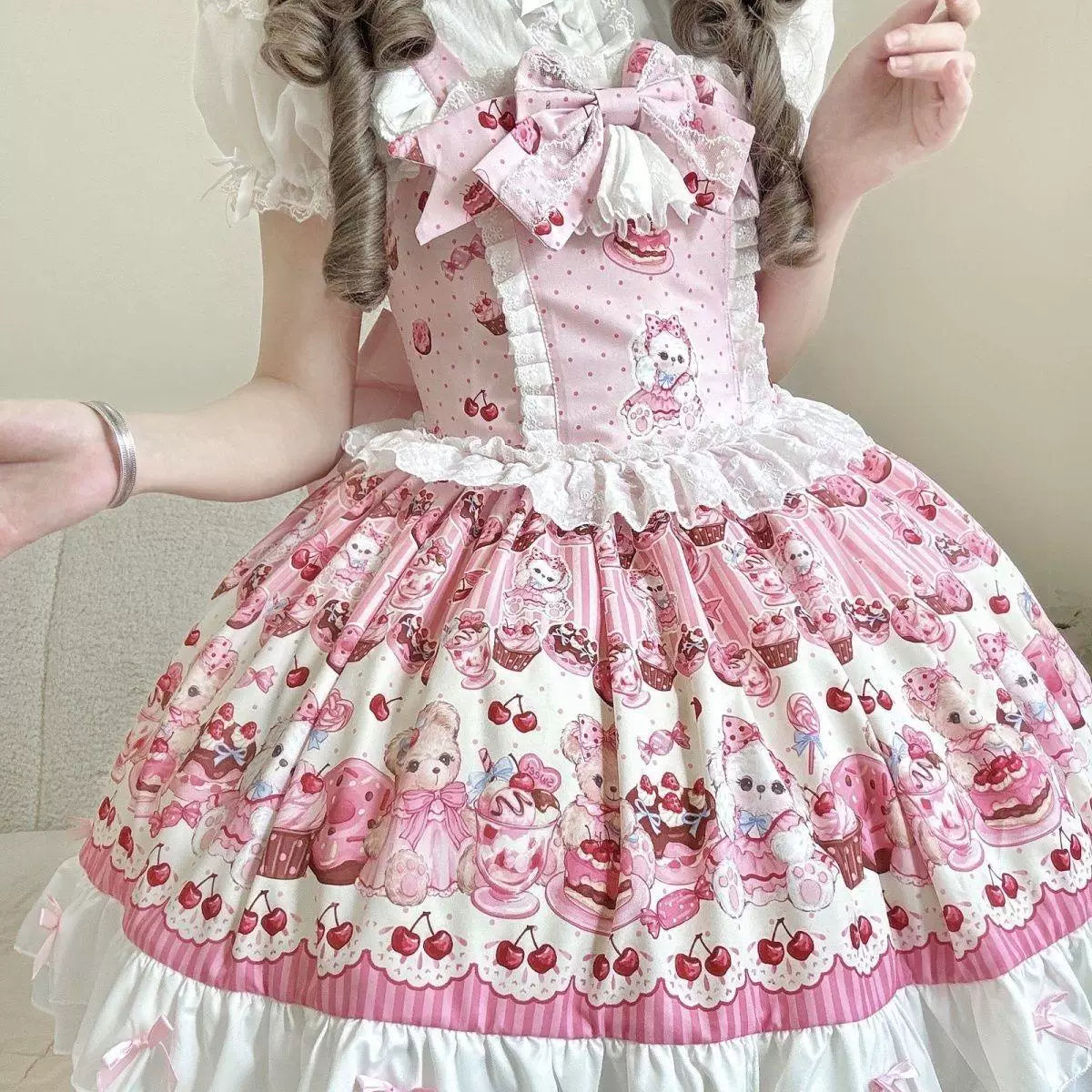 Sweetheart Dream Machine - Candy Bear Picnic - Printed JSK Suspender Dress with Teddy Bear Motif