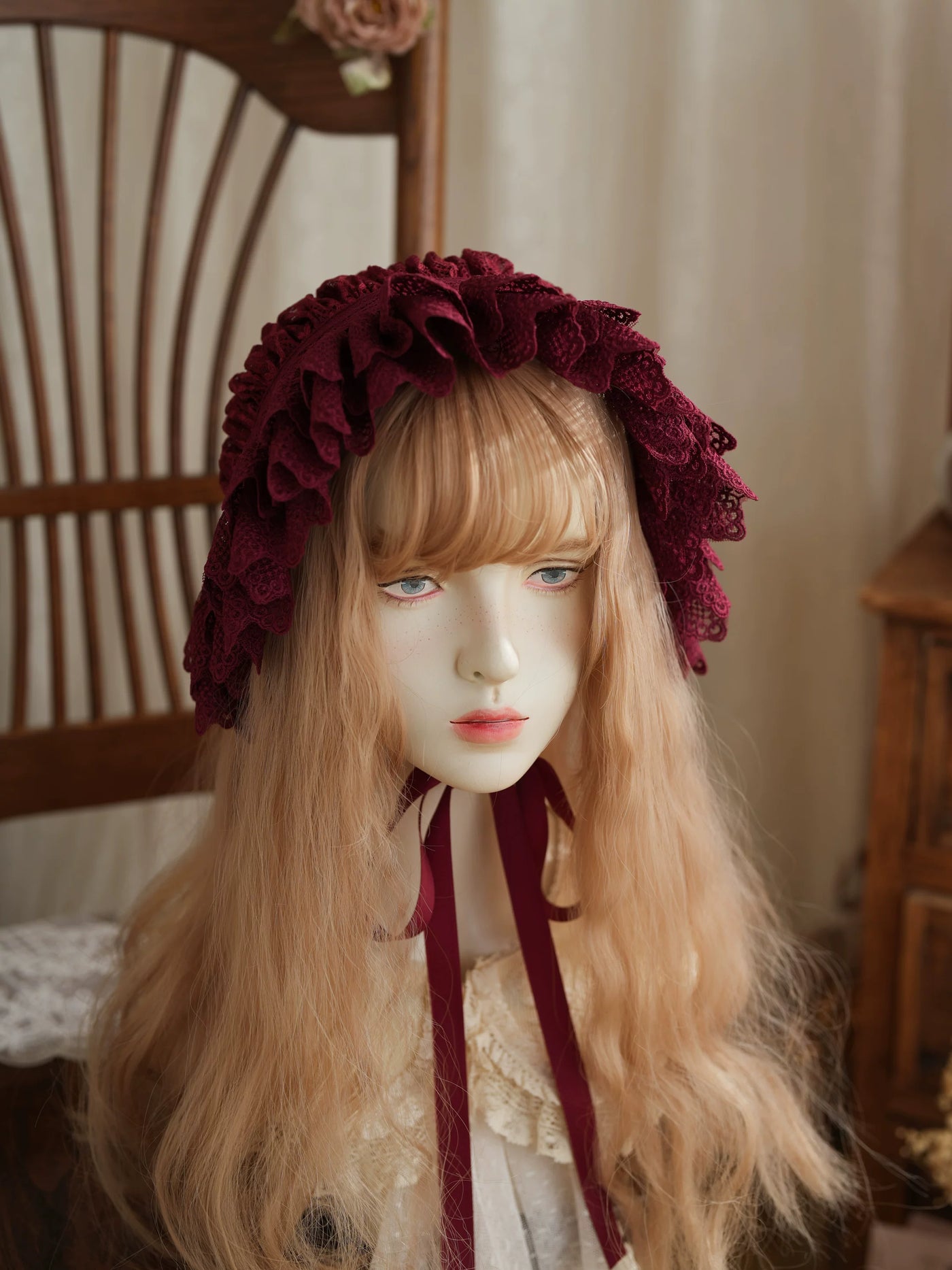 Star Box - Air Flora - Layered-Lace Bonnet with Long Ribbon Ties