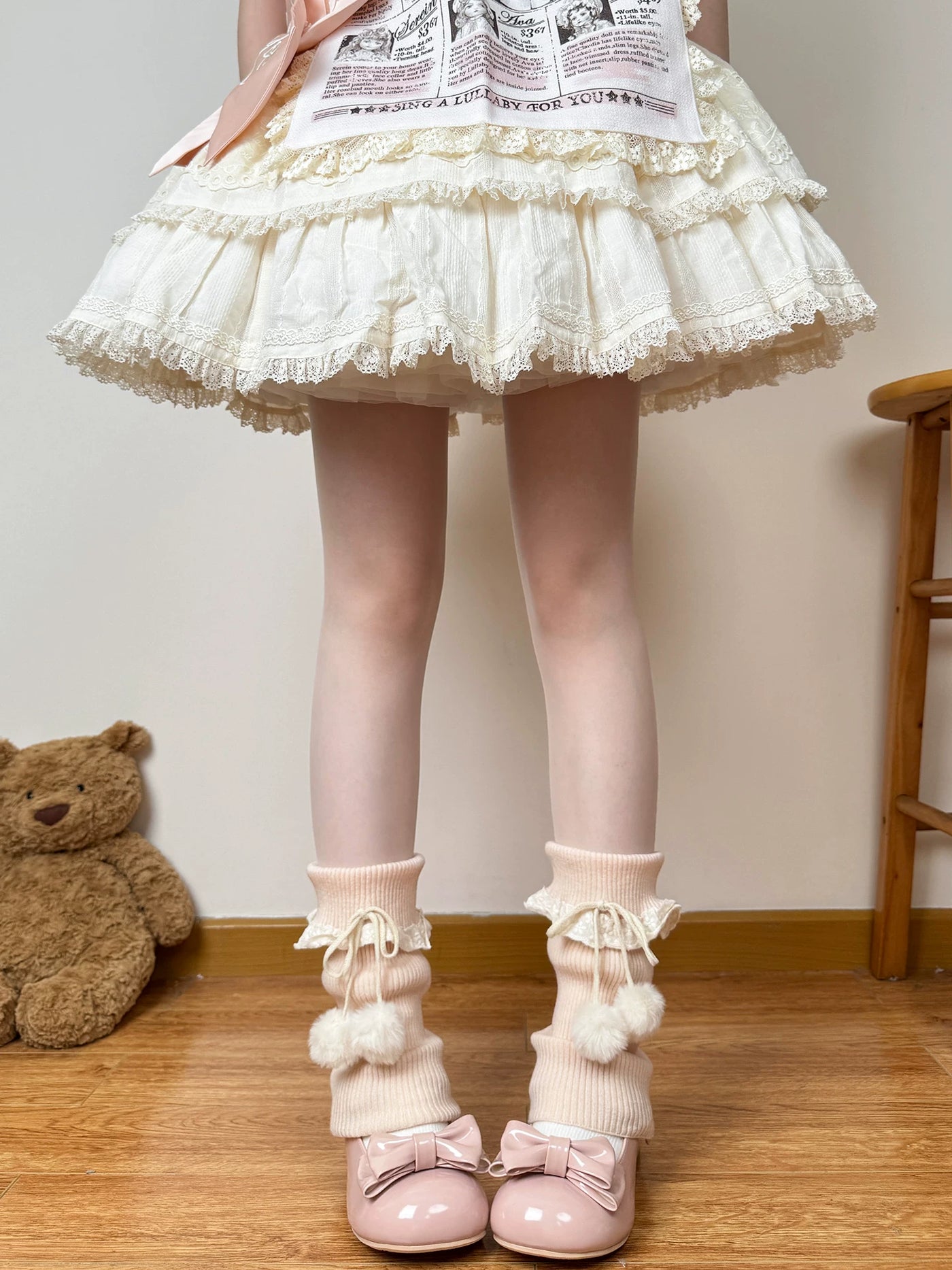 Chubby Bear Tales - Antique Doll Legwear - Slouch Leg Warmers with Lace Cuffs and Pom-Poms