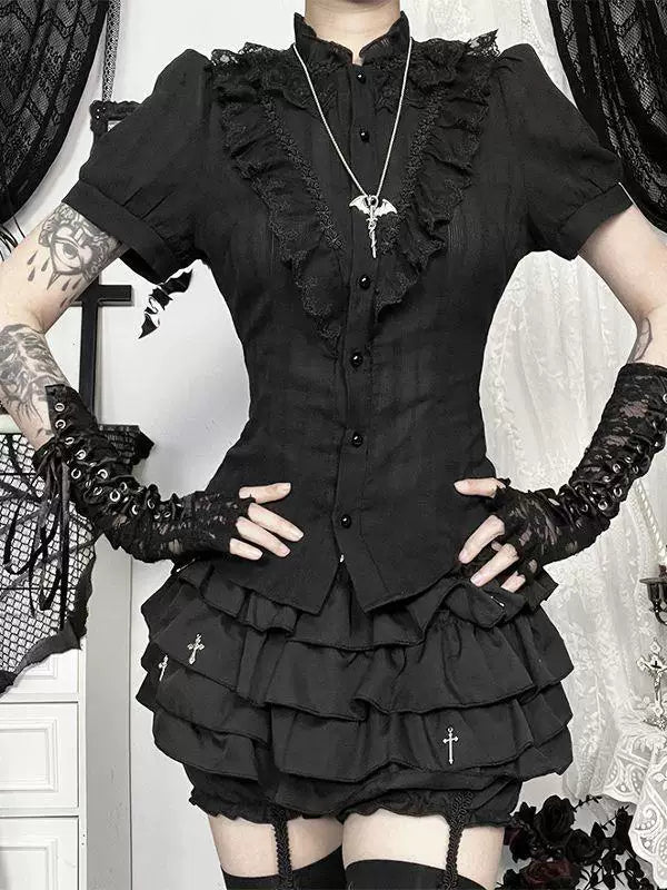 Sweetheart Dream Machine - Gothic Subculture - Lace-Ruffle Short-Sleeve Blouse