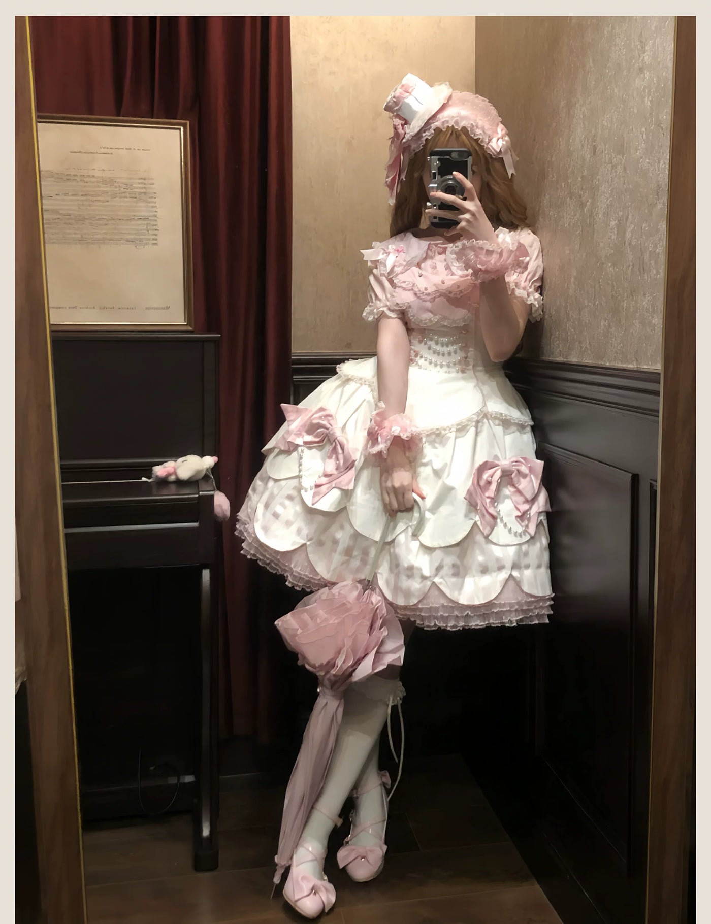Tata Long Ear - Pearl Princess - White-and-Pink JSK Dress with Pearl Details and Scalloped Layers