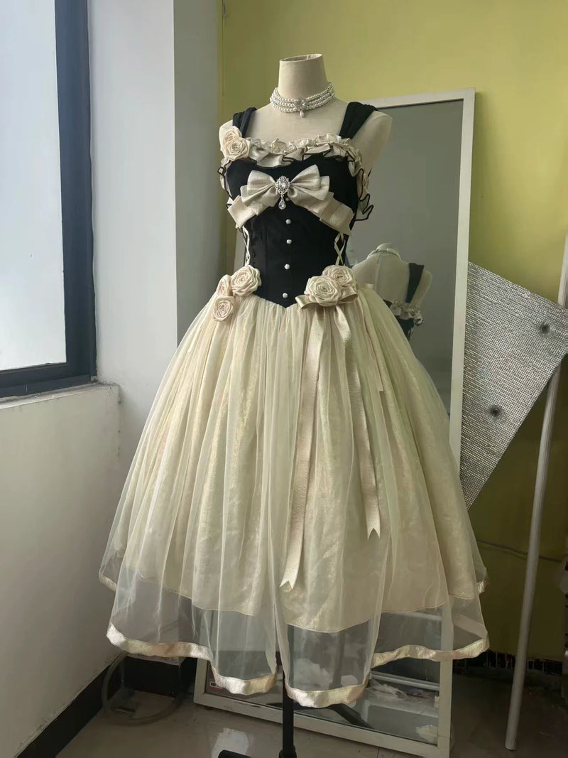 Qianmu - Paris Souvenir - Classic Lolita Corset JSK Dress with 3D Rose Decor