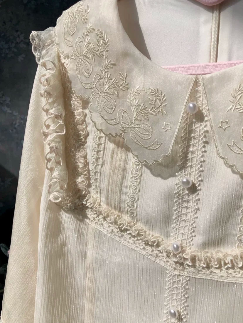 Sweetheart Dream Machine - Starry Cloud Twin Rabbit - Long-Sleeve Lolita Inner Blouse with Floral Lace Collar