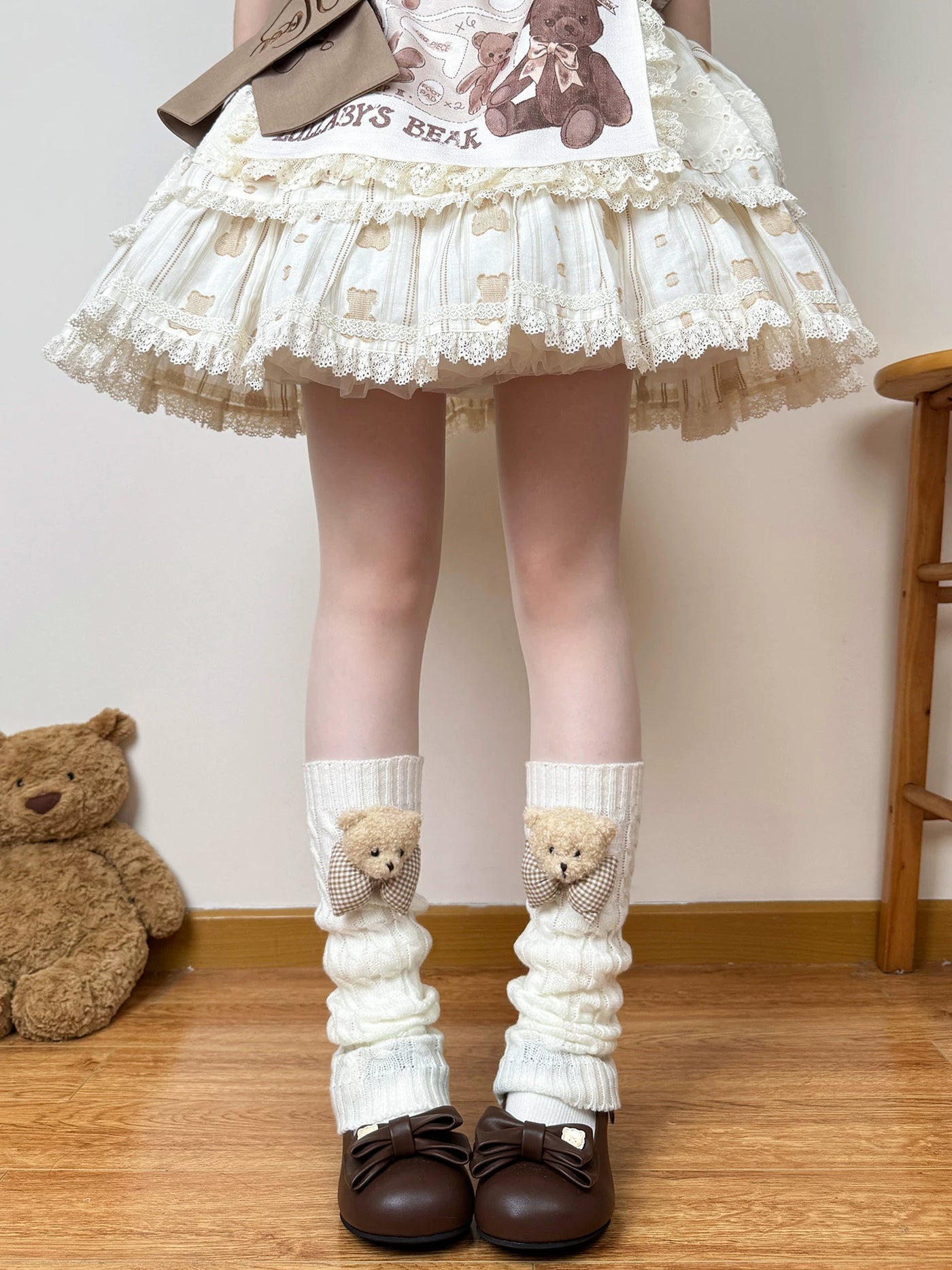 Chubby Bear Tales - Little Bear Knit Layers - Cable-Knit Leg Warmers with Teddy Bear Bows
