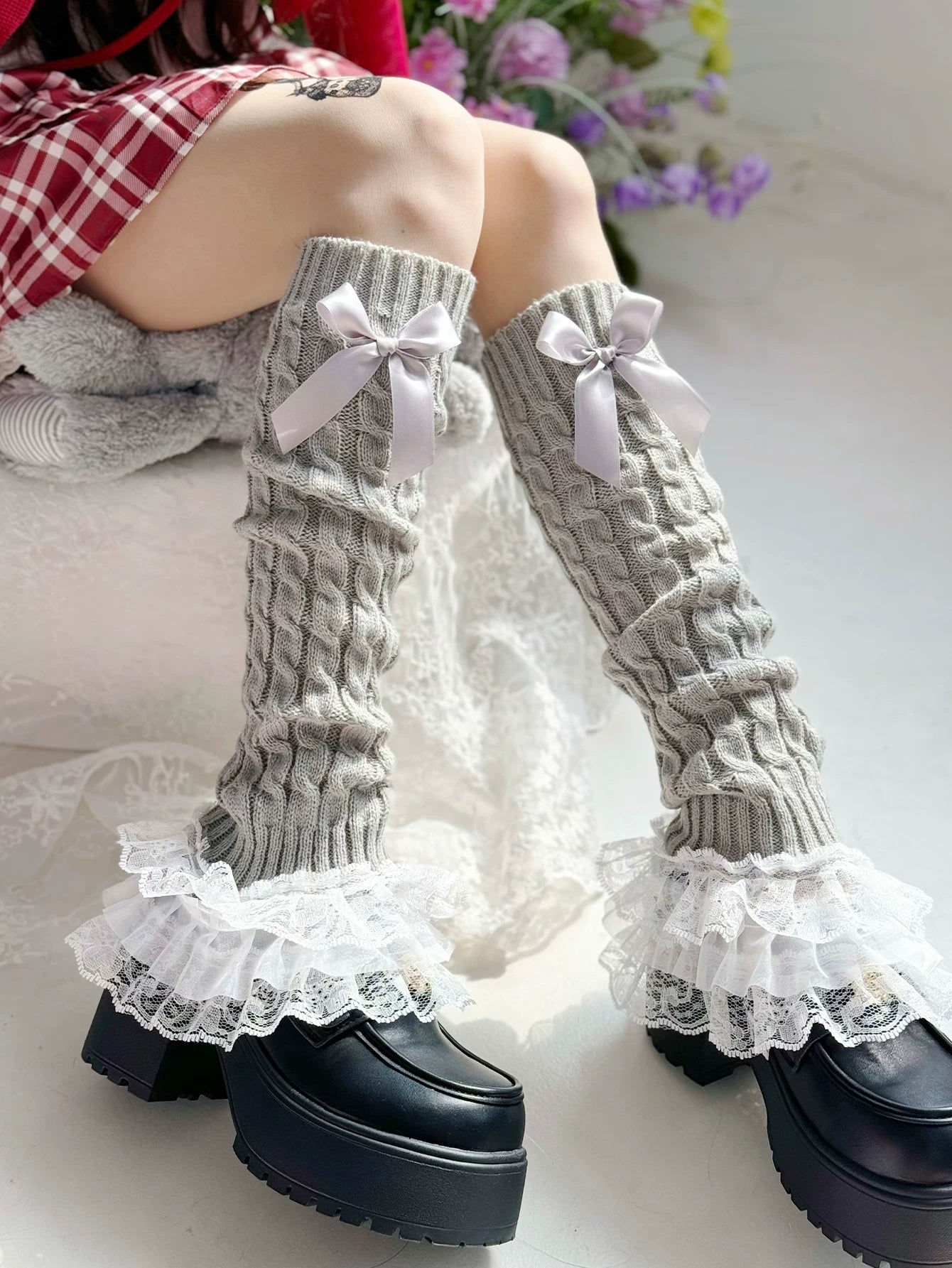 Fantasy Doll - Bowed Lace Layers - Knit Mid-Calf Leg Warmers with Lace Ruffles and Bows