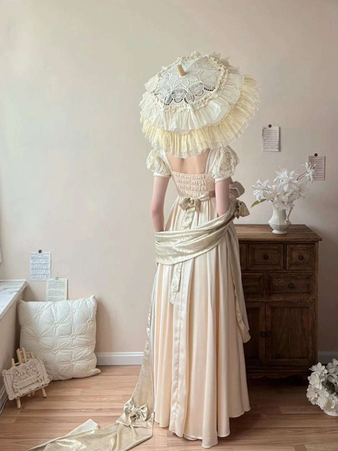 Creamy - Imperial Angel - Embossed Acetate Satin Dress and Stole Set with Puff Sleeves