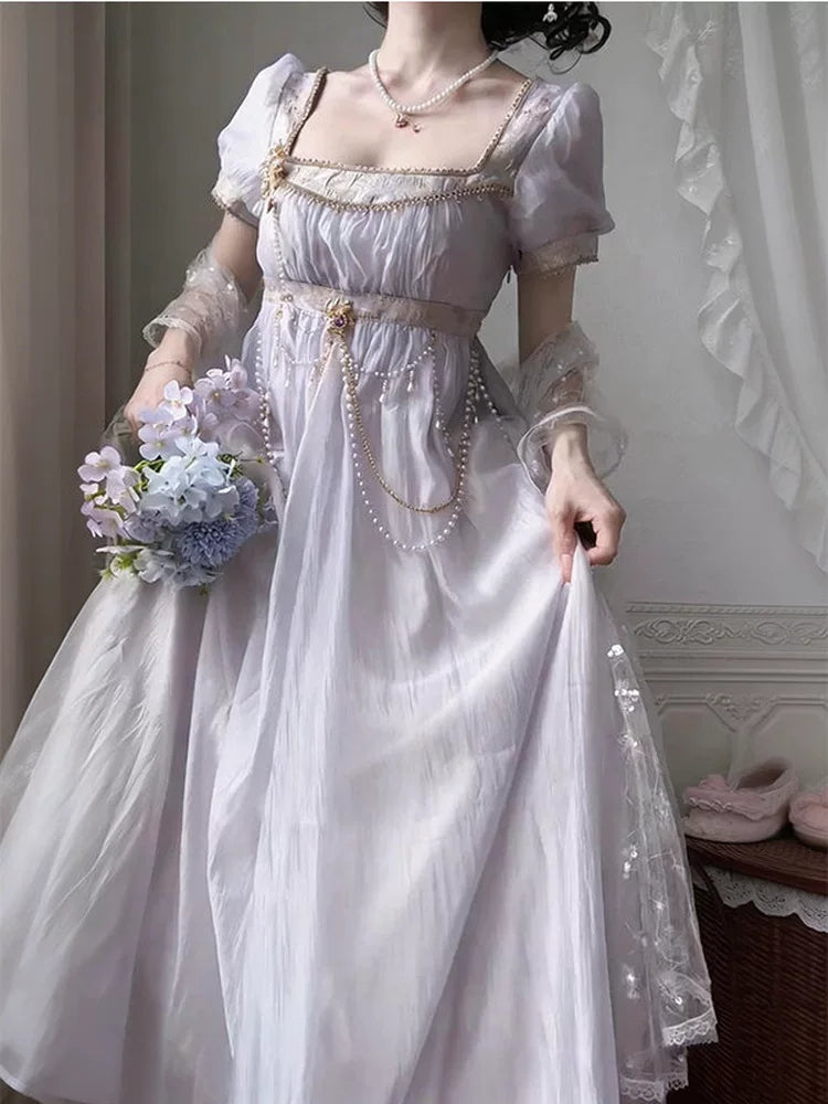 Creamy - Empire Classic - Purple Empire-Style Dress with Pearl Draping