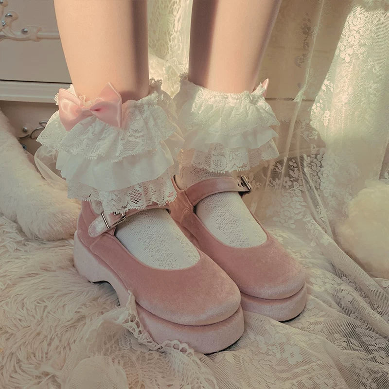 Sock Noble - Lace Bow Fairy - White Lace Slouch Socks with Pink Bows