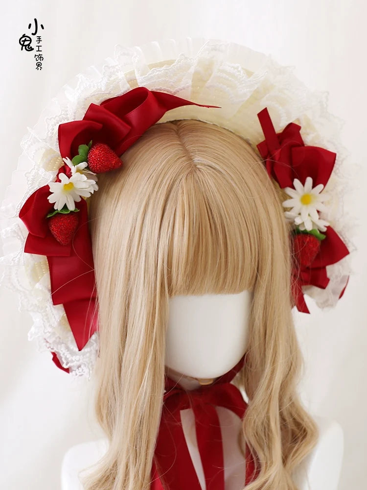 Xiaogui - Sweet Lolita Hat Strawberry Bonnet - with Lace and Bow Headwear