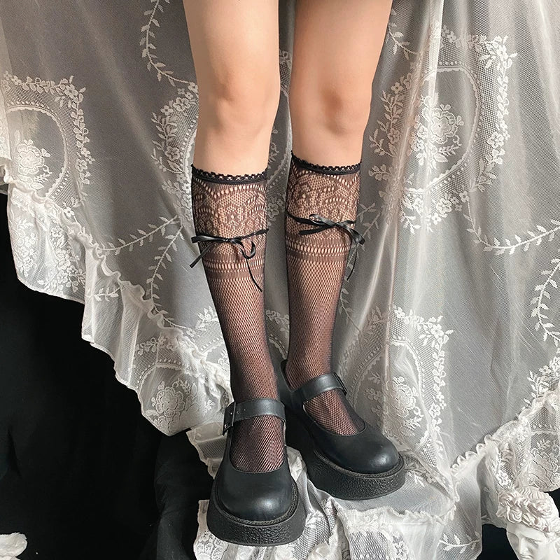 Sock Noble - Ribbon Bow Lace - Sheer mesh socks with lace trim and ribbon bows