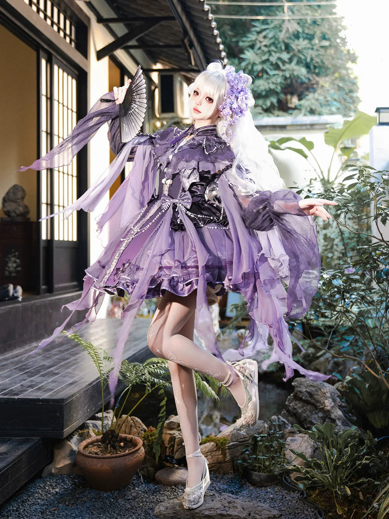 Huajianyue - Xiaoling Butterfly - Dark Purple Gothic JSK Set with Cloud Shoulder Cape and Arm Sleeves