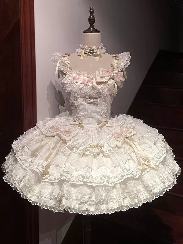 Apricot balletcore Lolita dress with gold foil detailing, tiered ruffled skirt, and attached choker