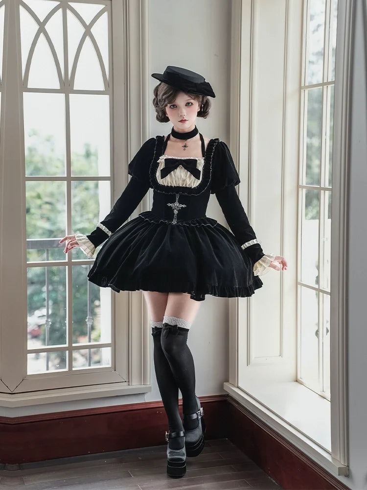 With PUJI - Apocalypse - Gothic Lolita Velvet OP Dress Set, Fishbone Waist