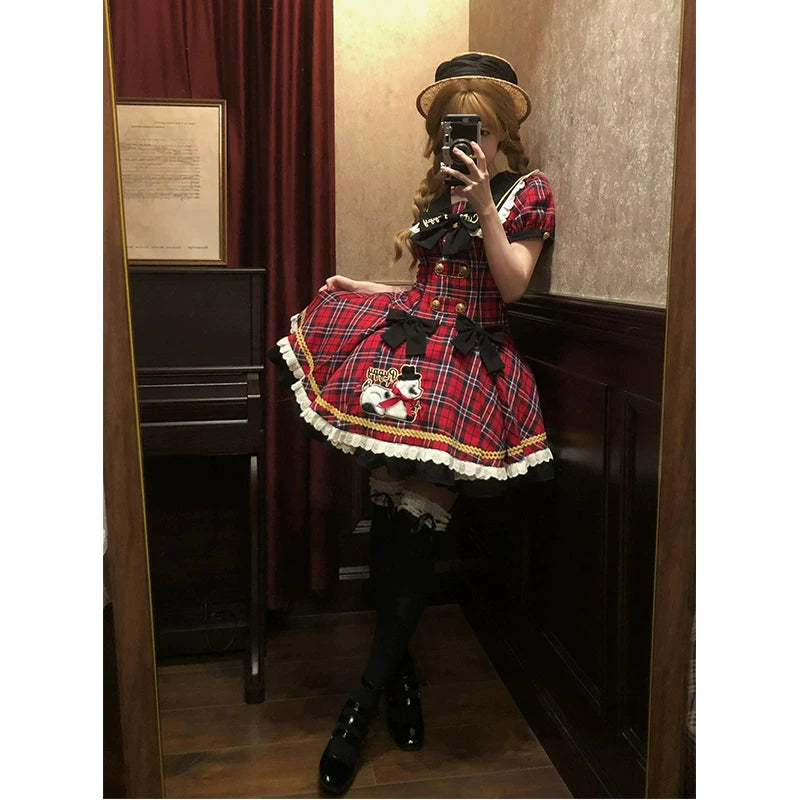 Creamy - Vintage Plaid - Red Plaid One-Piece Dress with Black Bows