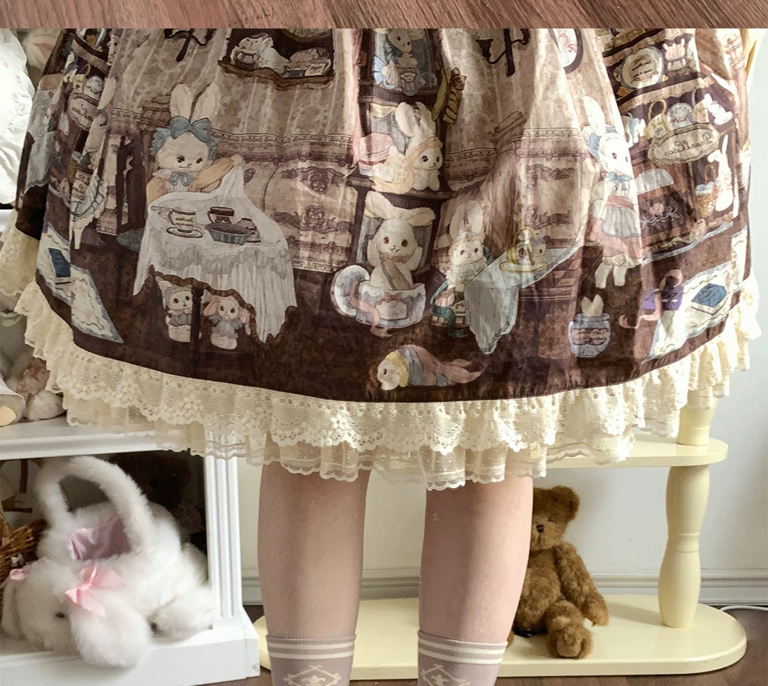 roji roji - Magic Rabbit - Cotton Mid-Calf Socks with a Rabbit-and-Book Motif