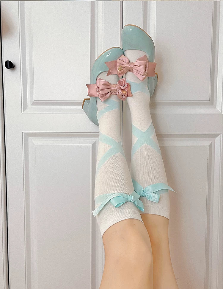 roji roji - Ribbon Strap - Cotton Mid-Calf Socks with Crossed Ribbon Straps