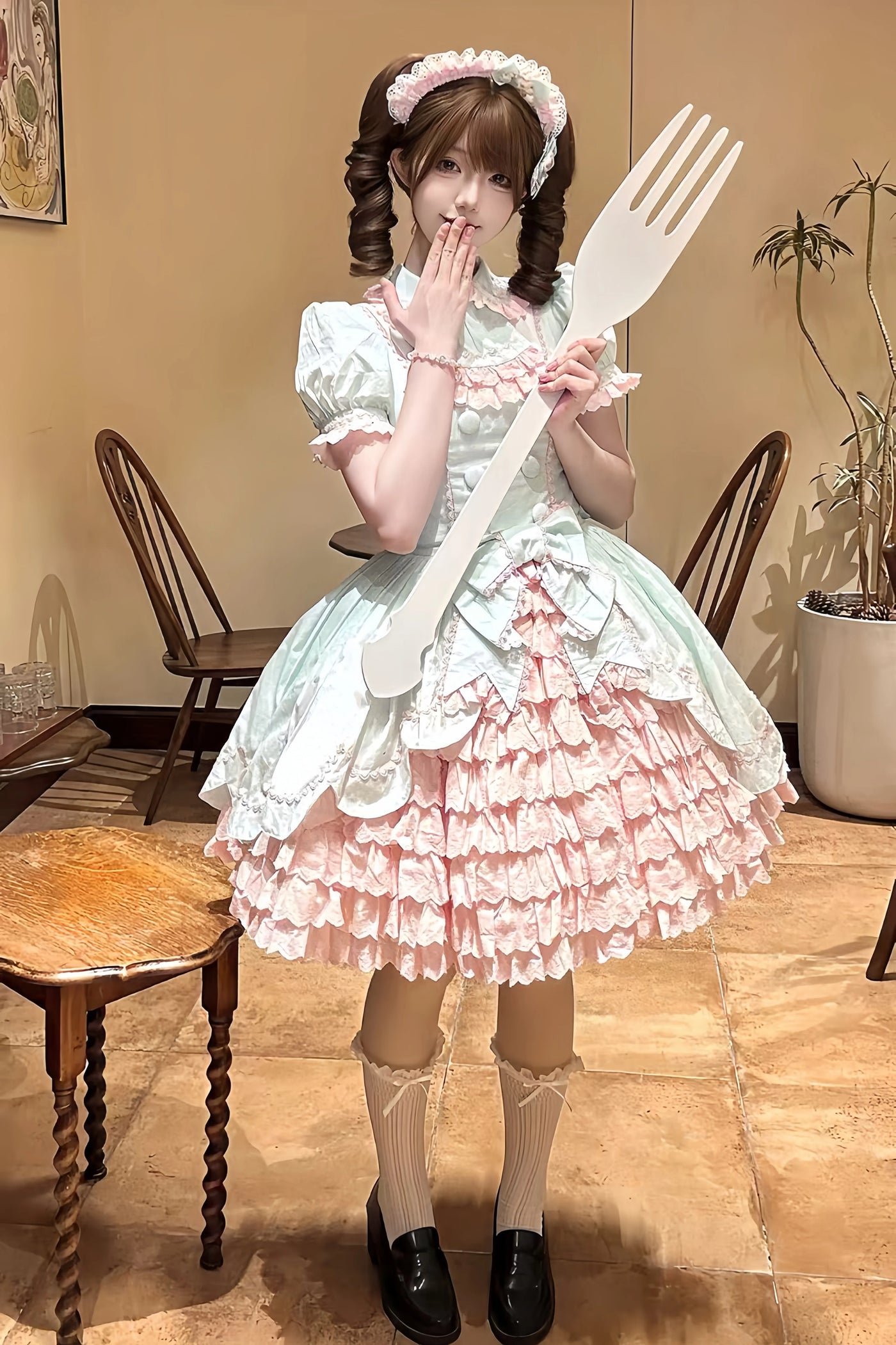 Tata Long Ear - Melon Parfait - Short-Sleeve OP Dress with Layered Ruffles