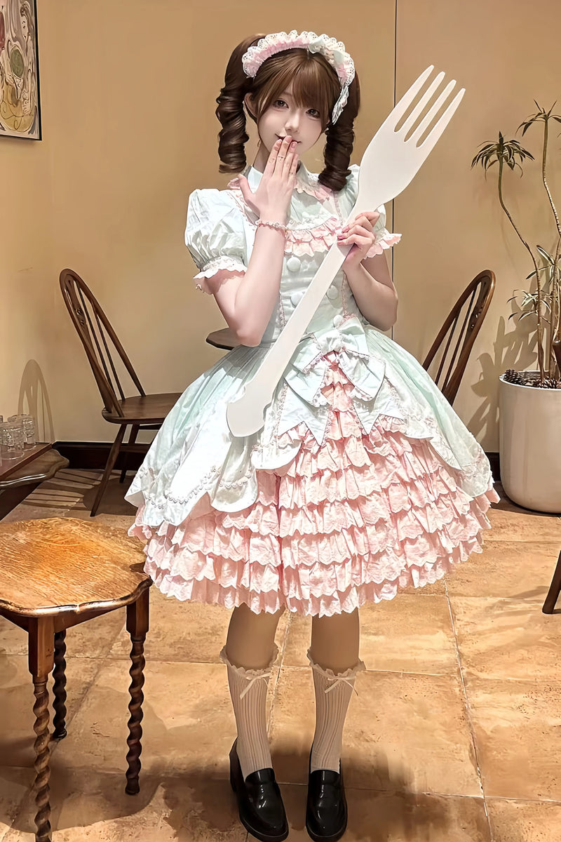 Tata Long Ear - Melon Parfait - Short-Sleeve OP Dress with Layered Ruffles