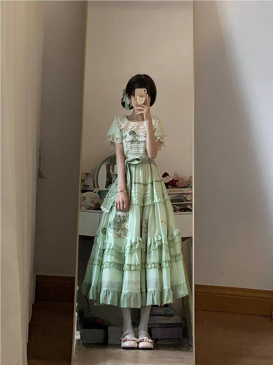 Green grape embroidered Sweet Lolita tiered OP dress with lace-trimmed square neckline and puffed short sleeves