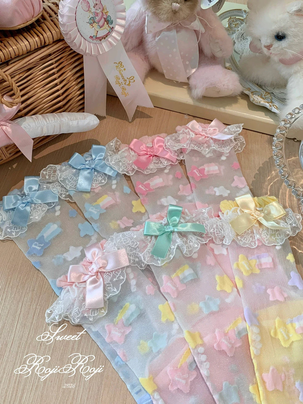 Roji Roji - Sweet Lolita Star Embroidered Socks - with Colorful Satin Bow Socks