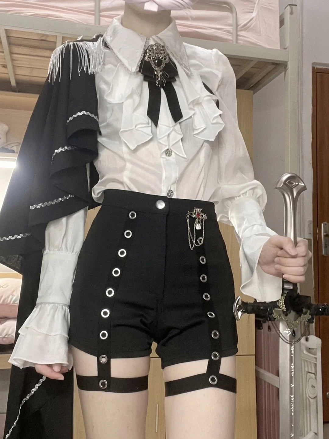 Creamy - Prince Gothic - Ruffled Blouse, Shoulder Shawl and Shorts Set