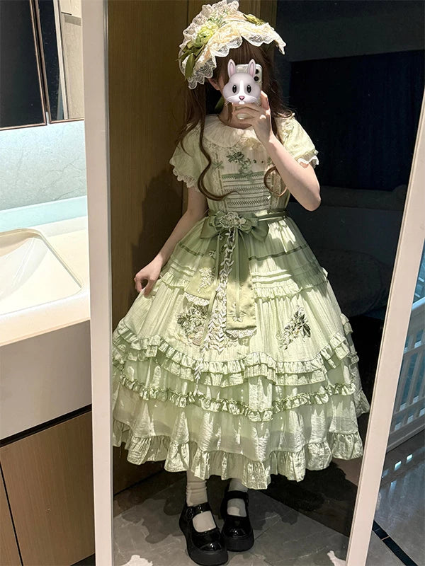 Creamy - Green Grape Garden - Mint-Green OP Dress with Green Grape Embroidery