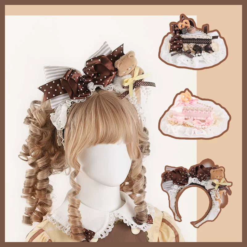 Chocolate and pink confectionery headwear with cake hats, bows, lace and teddy-bear details
