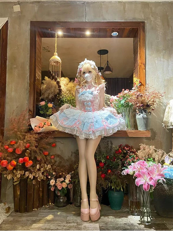 Blue-and-pink layered JSK dress with large bows and matching hairband