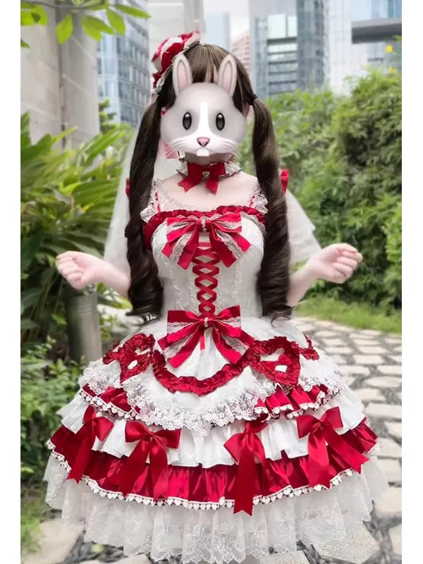 Creamy - Red Sweet Ballet - Lolita Skirt Set with Layered Red-and-White Ruffles