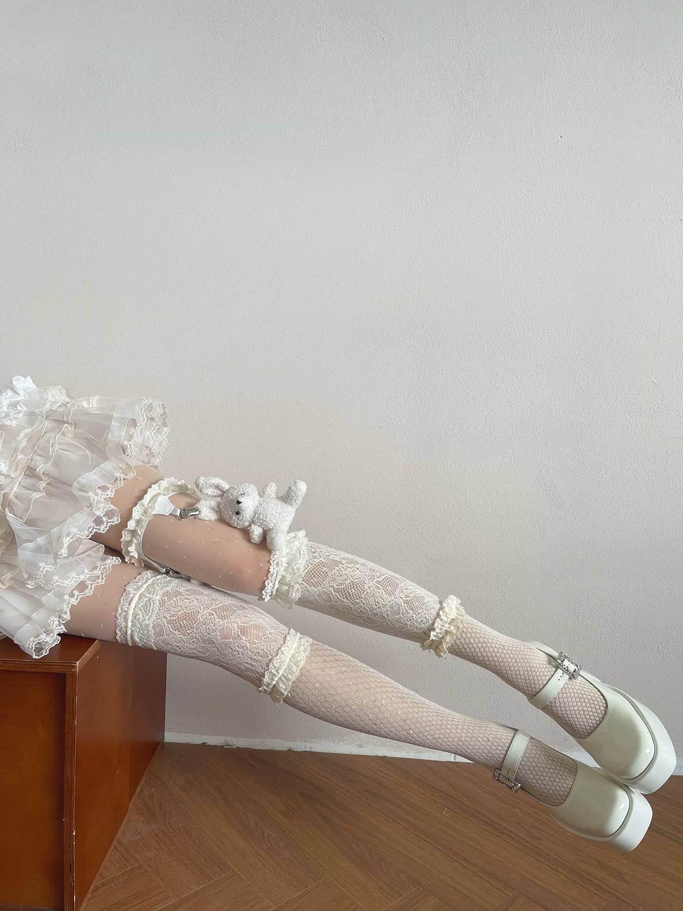 Sock Noble - Big-Eared Rabbit - Beige Tights and Lace Stockings with Rabbit Leg Ring