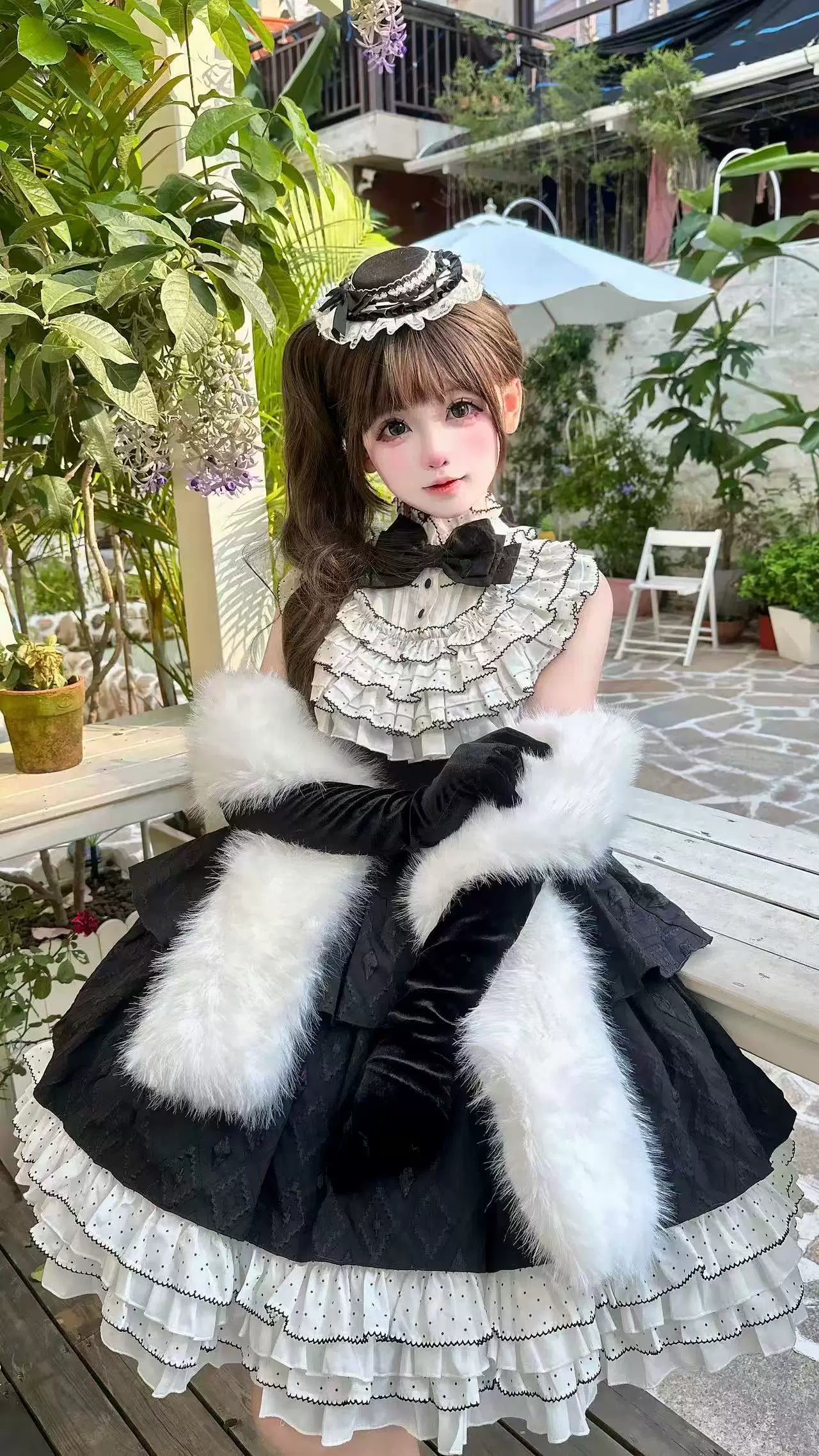Alice - Black Heiress - Black One-Piece Dress with White Ruffle Collar