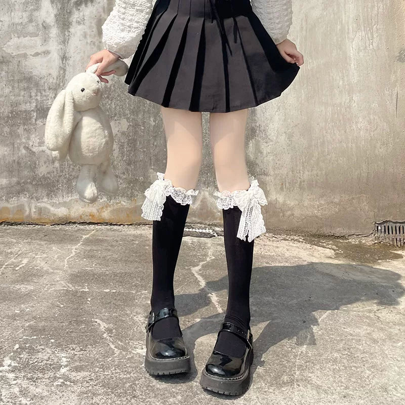 Floral Milk Cat - Lace Bow Tube - Tube Socks with Lace Cuffs and Bow Ties