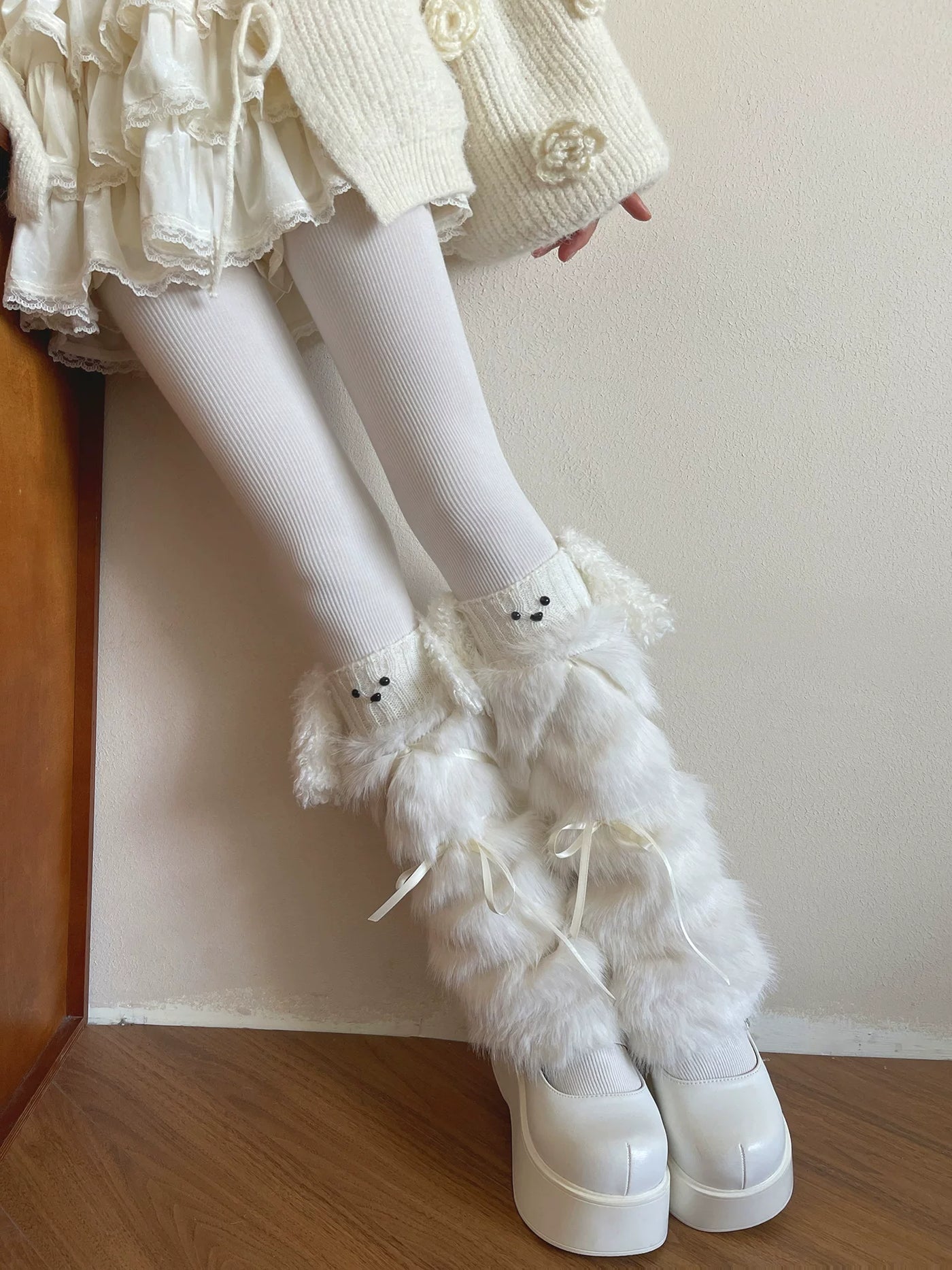 Sock Noble - Big-Eared Dog Layers - White sock covers and fine-striped pantyhose with optional fur trim
