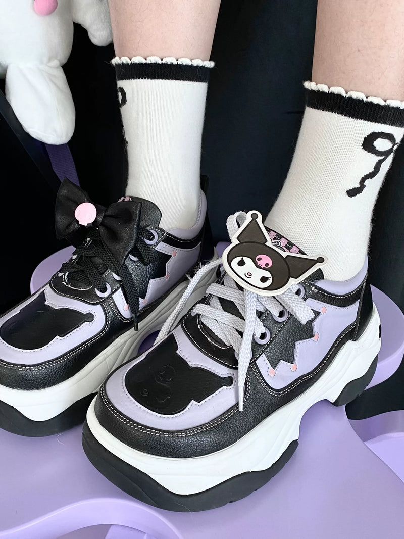 Sheep Puff Kuromi Sanrio Collab clearance Lolita shoes featuring black bows and cute cartoon character design.