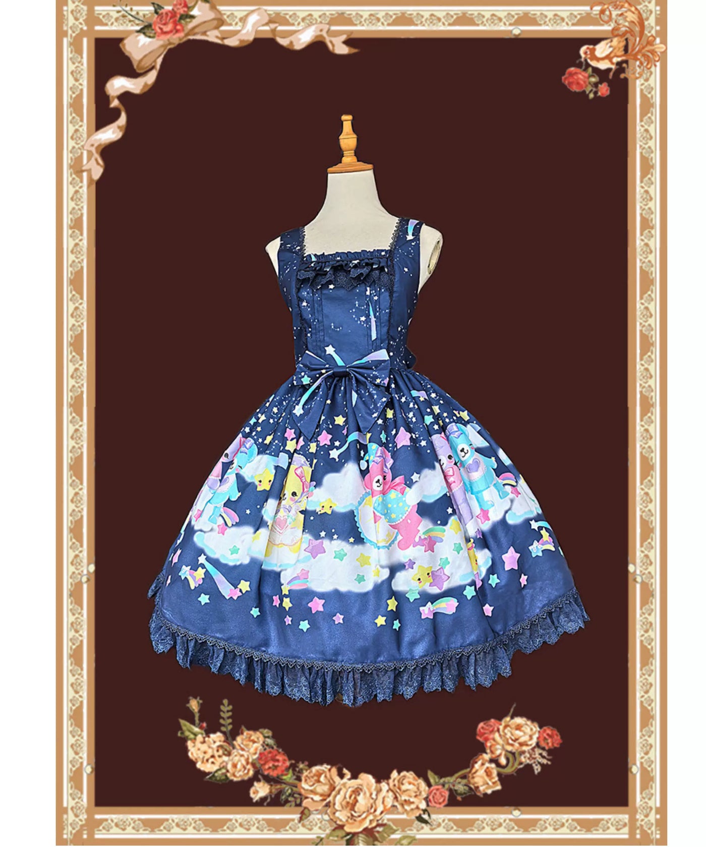 Sleepy Bear - Kawaii Lolita Bear and Star Printed Dress Dark Blue JSK Only S Pre-order