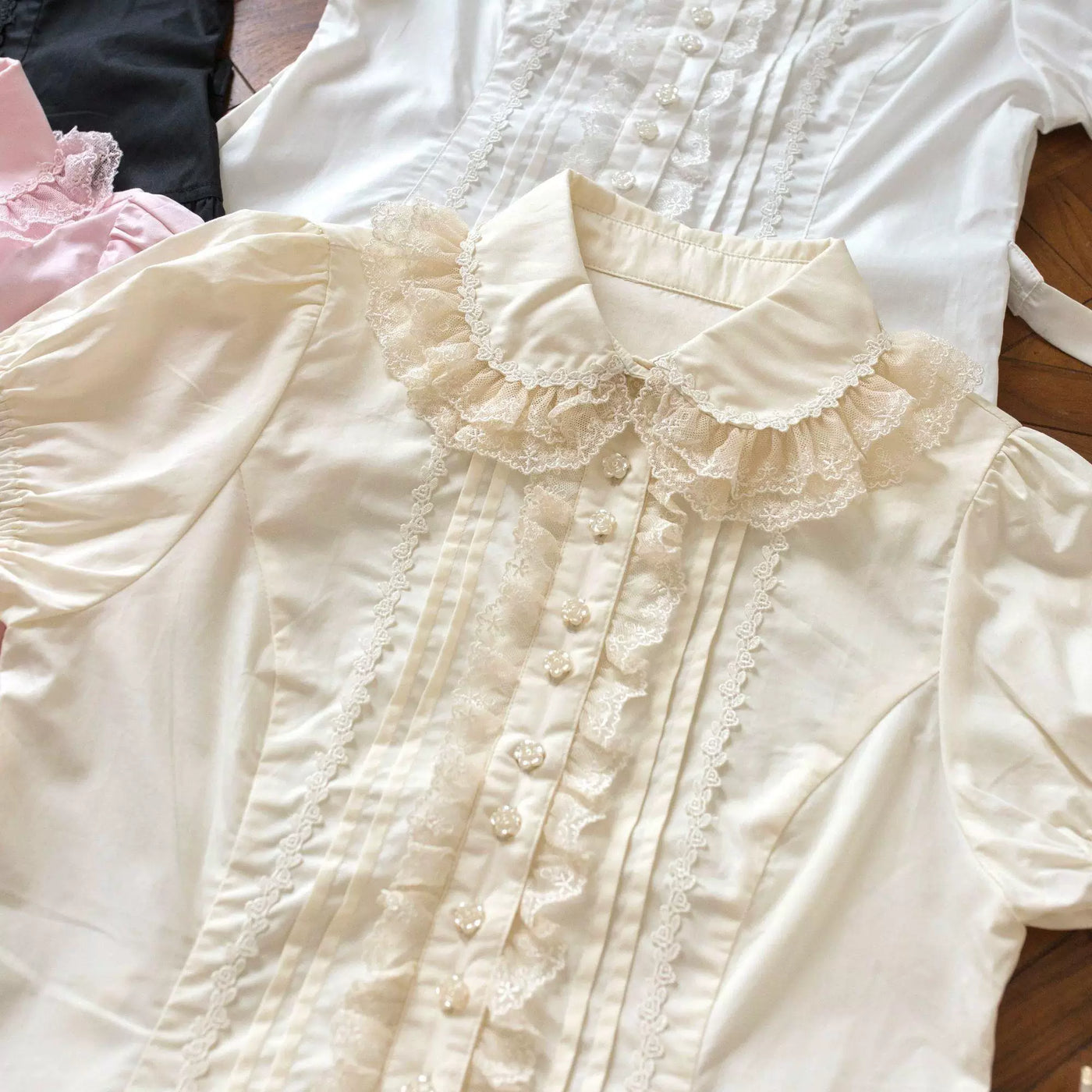 Sweetheart Dream Machine - Cream Lace Collar - Blouse with Short Puff Sleeves and Lace Trim