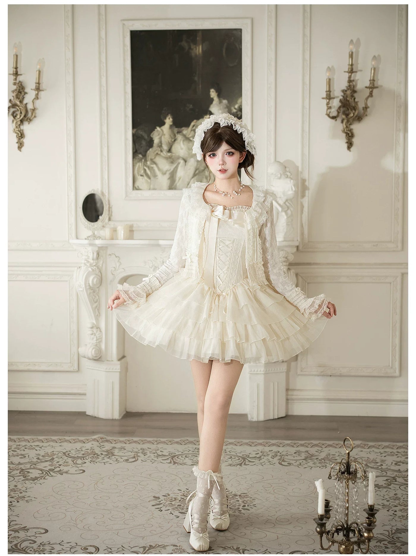 With PUJI - MistKiss Lily - Classic Lolita Tiered Hem JSK Dress, Fishbone Waist
