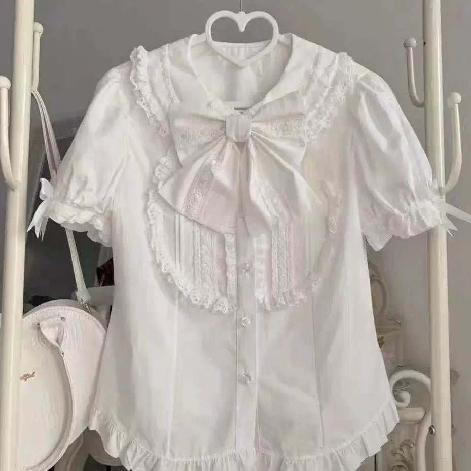 Sweetheart Dream Machine - Doll Collar Ribbon - Short-Sleeve Blouse with Lace Bib and Bow