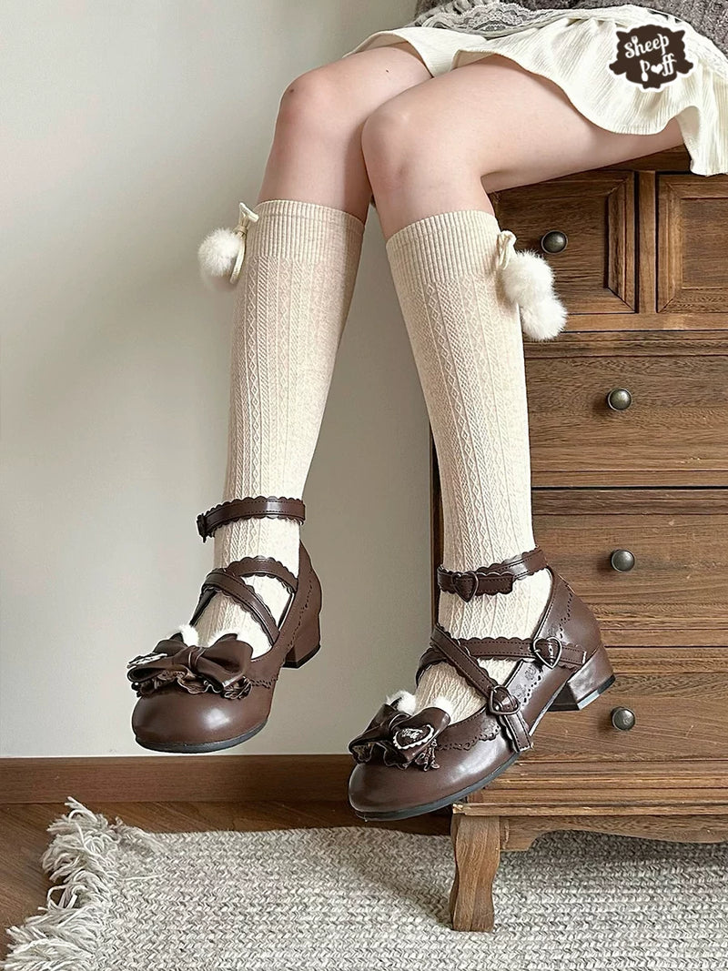 Sheep Puff Little Bear Sister Lolita Shoes with cute bear and sheep design, pink and white color, perfect for young girls.