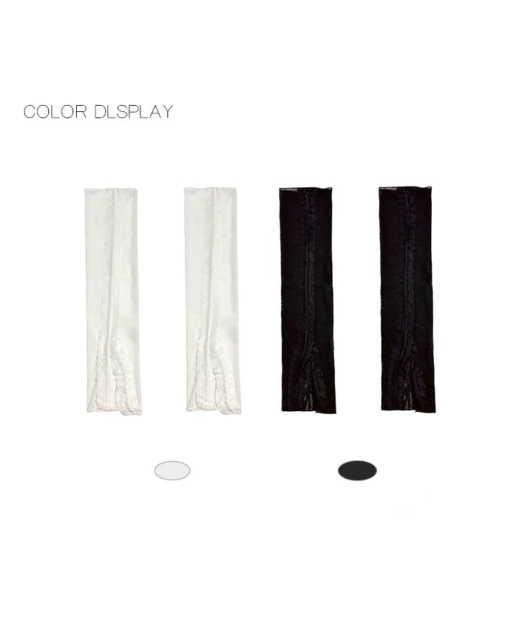 Sheer white calf socks with gathered bands, lace panels and ribbon ties
