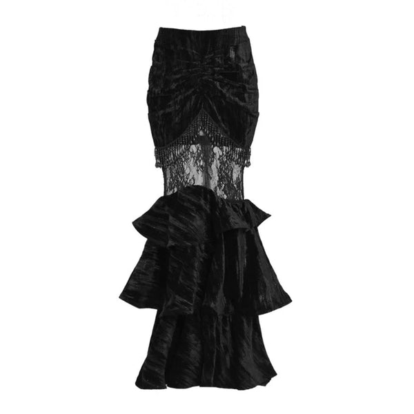 Black velvet Gothic Lolita mermaid skirt with lace and beaded tassel details.