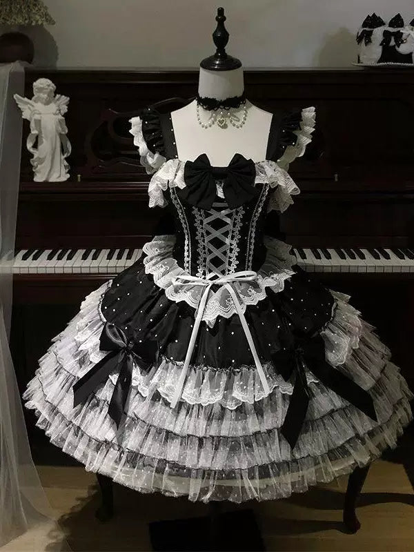 Sweetheart Dream Machine - Black & White Bow - JSK dress with layered ruffles