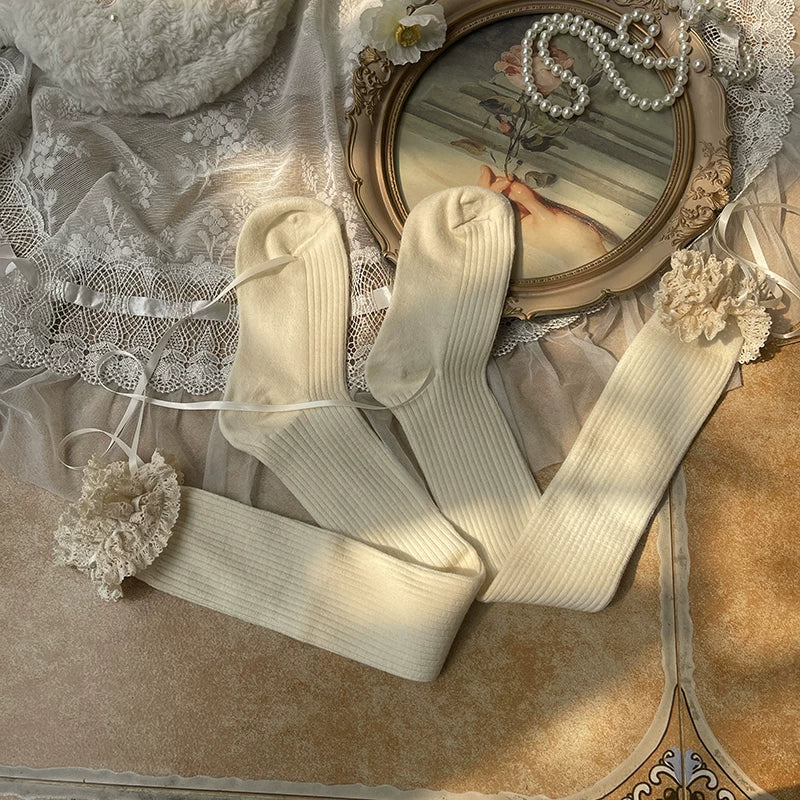 Sock Noble - Winter Lace Bow - Thigh-high socks with wide lace trim and ribbon ties