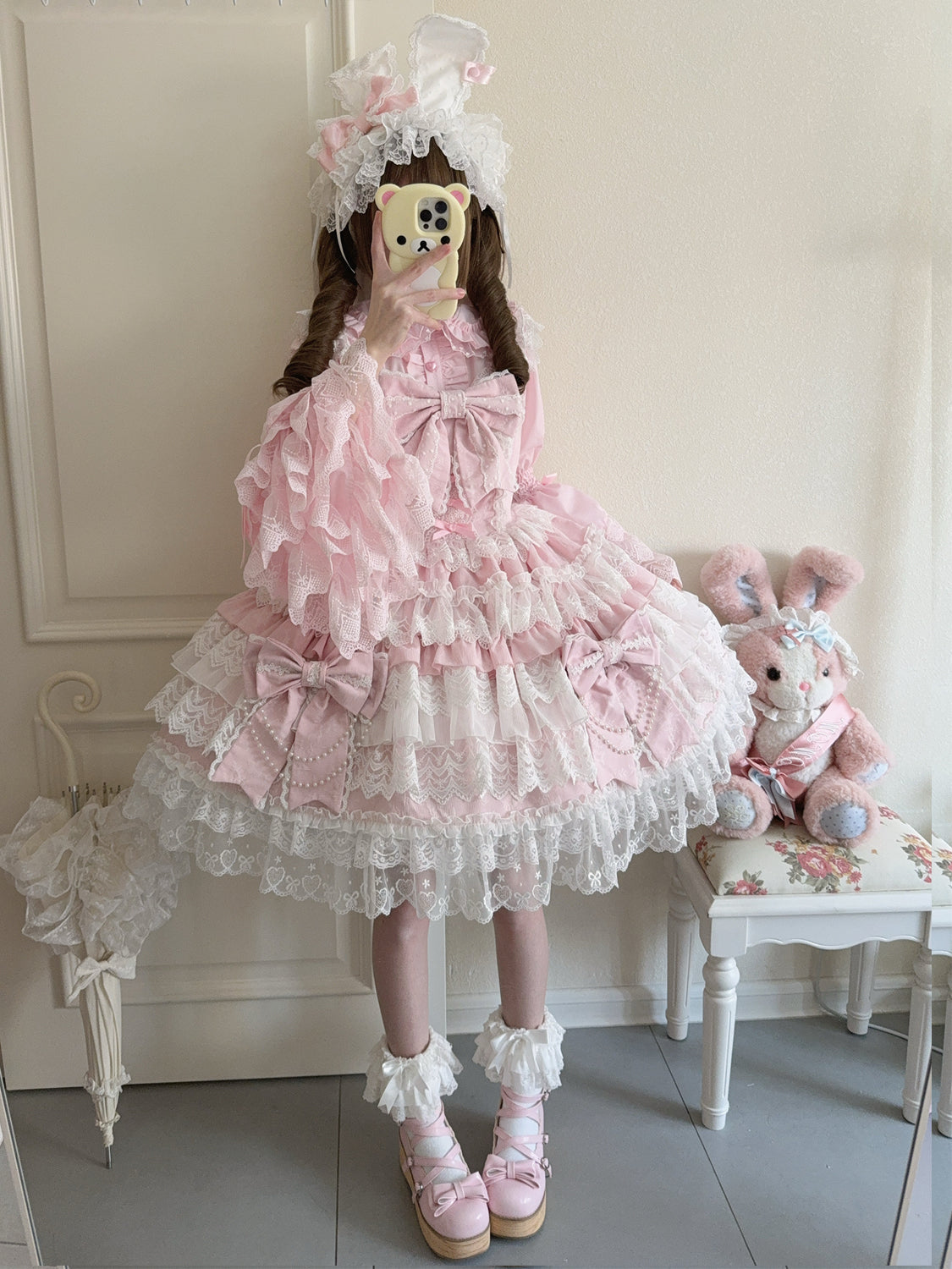 Hanguliang - Cross Heart Knot - Sweet Lolita JSK Suit Tiered Ruffles Dress, Lace Blouse
