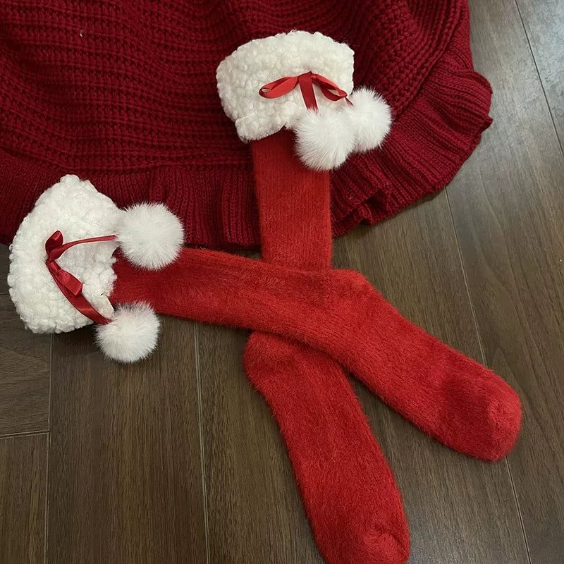 Sock Noble - Christmas Ribbon Slouch - Long Mid-Calf Socks with Fuzzy Cuffs