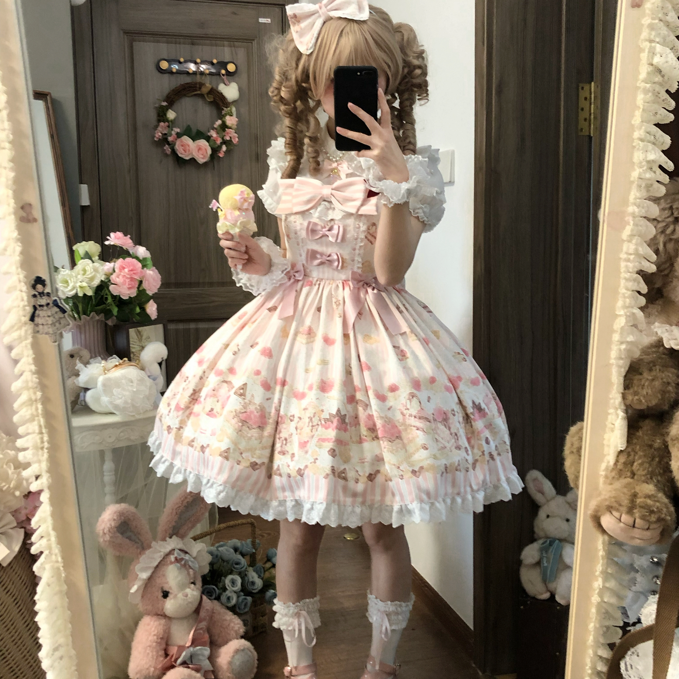 Fluffy Bear - Iced Strawberry Cheese - Sweet Lolita JSK, Strawberry Dessert Print