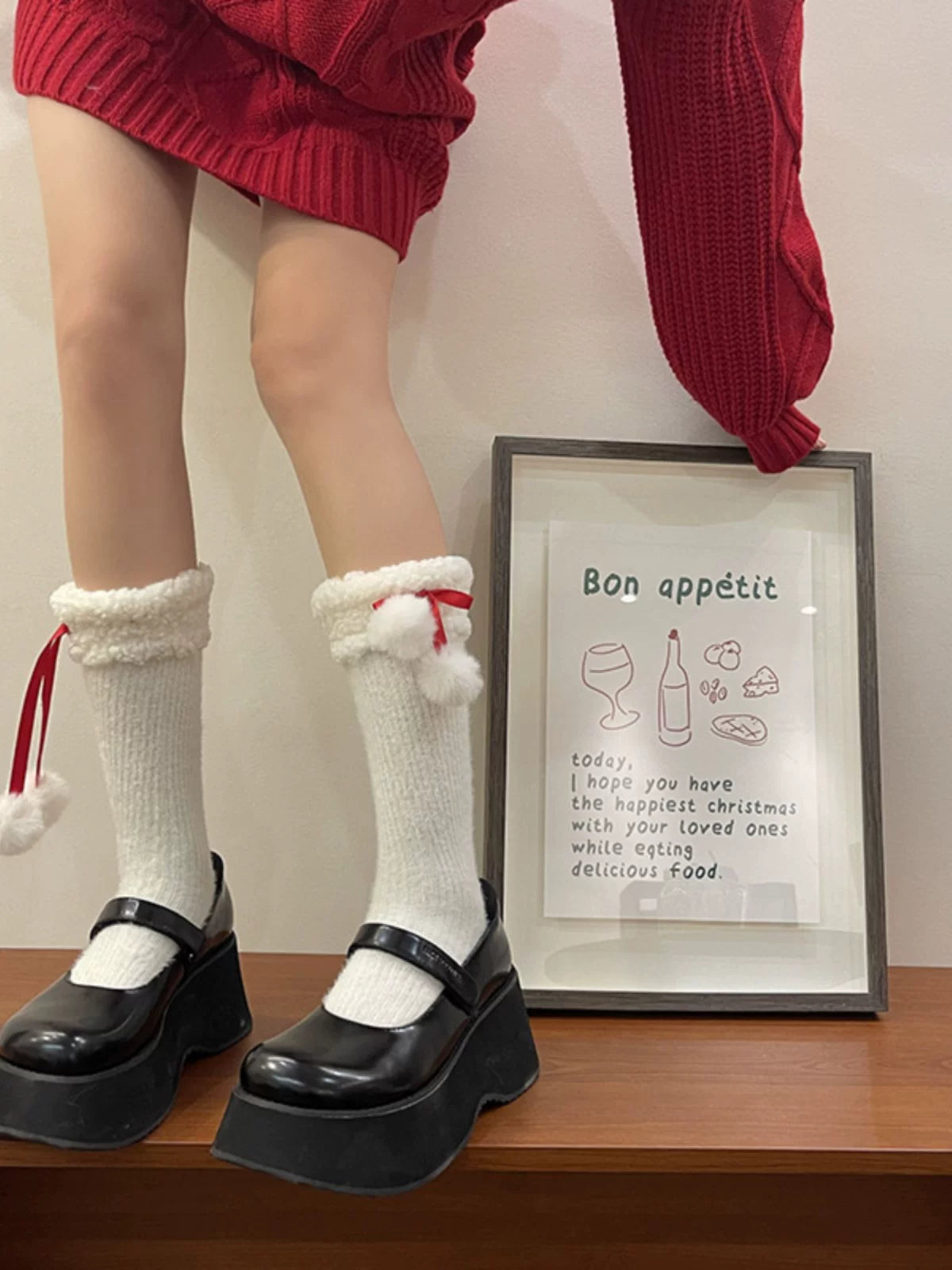 Sock Noble - Christmas Ribbon Slouch - Long Mid-Calf Socks with Fuzzy Cuffs