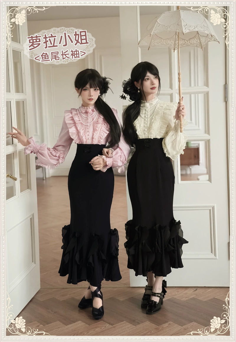 With PUJI - Miss Laura: Long-sleeve Mermaid - Lolita OP Dress, Ruffle Trim detail view 6