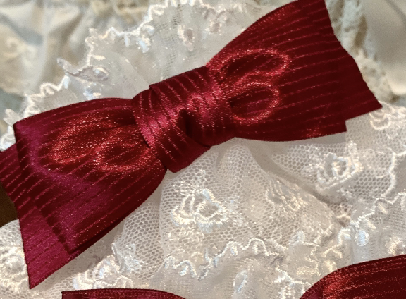 White base with red print lace Lolita wrist cuff with cherry blossom accents