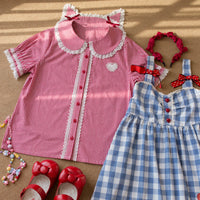MIST - Kawaii Plaid - Lolita Blouse with Cat-Ear Peter Pan Collar and Lace Trim - Red Blouse Only / S